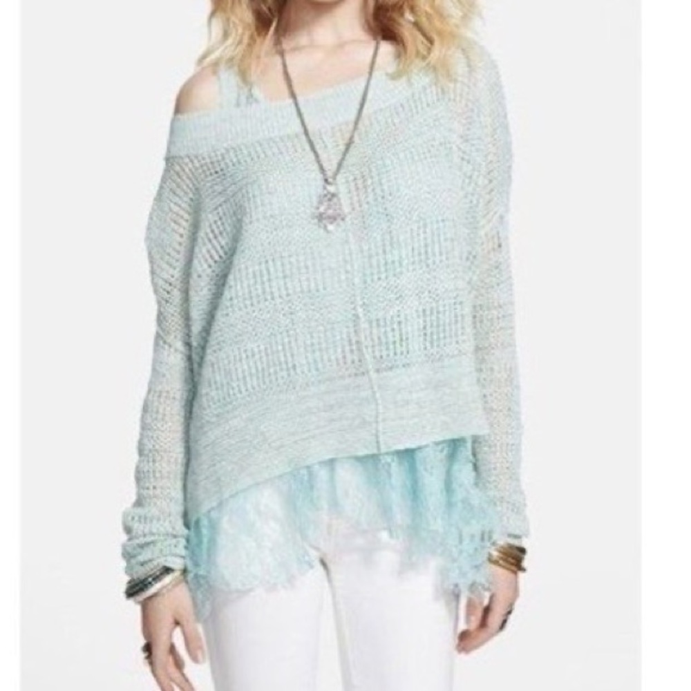 Free People Open Weave Boat Neck Sweater Mint